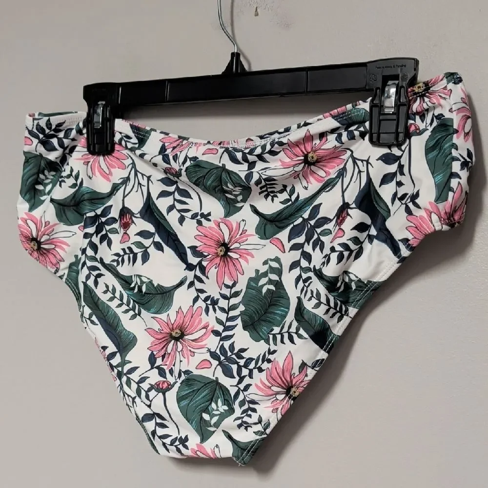 Floral High-Rise Bikini Bottoms in White and Pink